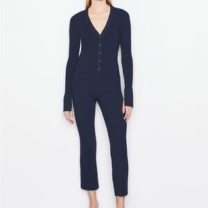 FRAME Crop kick sweater pant & button front knit cardigan set - Navy blue